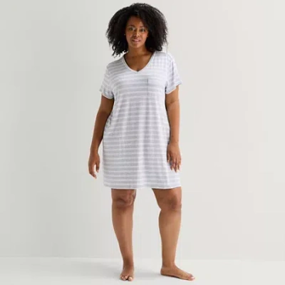 Liz Claiborne Cool And Calm Womens Plus Short Sleeve Crew Neck Nightshirt In Silver