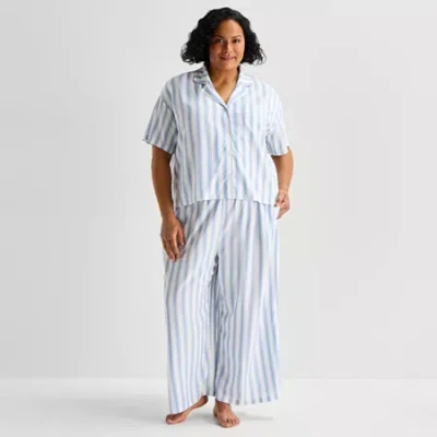 Liz Claiborne Cool And Calm Womens Short Sleeve 2-pc. Plus Pajama Set In Blue