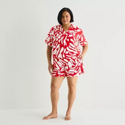 Liz Claiborne Cool And Calm Womens Short Sleeve 2-pc. Plus Pajama Set In Red