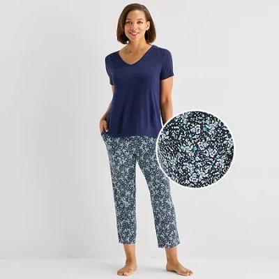 Liz Claiborne Cool And Calm Womens V-neck Short Sleeve 2-pc. Pajama Set In Blue
