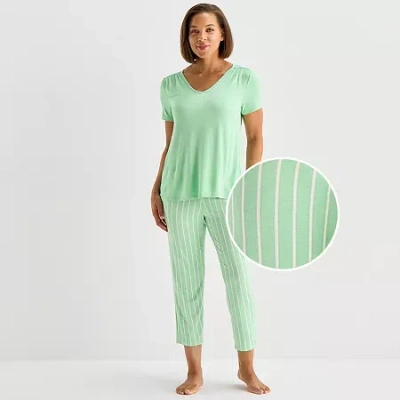 Liz Claiborne Cool And Calm Womens V-neck Short Sleeve 2-pc. Pajama Set In Green