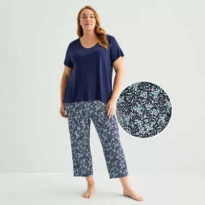 Liz Claiborne Cool And Calm Womens V-neck Short Sleeve 2-pc. Plus Pajama Set In Blue