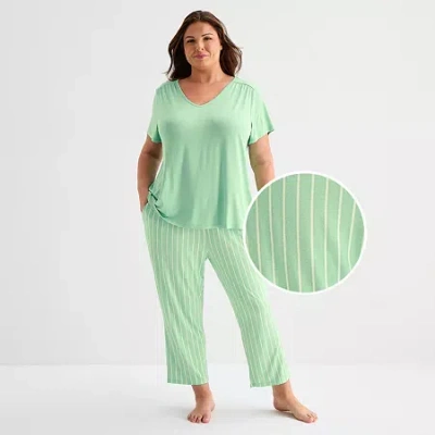 Liz Claiborne Cool And Calm Womens V-neck Short Sleeve 2-pc. Plus Pajama Set In Green