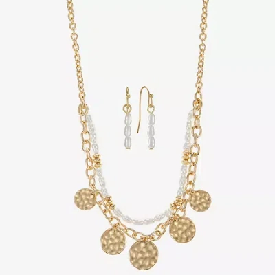Liz Claiborne Gold Tone Charm Multi Strand Necklace & Linear Earring Womens Simulated Pearl 2-pc. Jewelry Set