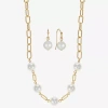 Liz Claiborne Gold Tone Collar Necklace And Drop Earring Womens White Simulated Pearl Round 2-pc. Jewelry Set In Gold