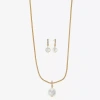 Liz Claiborne Gold Tone Pendant Necklace And Drop Earring Womens White Simulated Pearl Round Hypoallergenic 2-pc.  In Gold