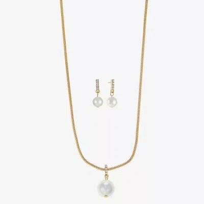 Liz Claiborne Gold Tone Pendant Necklace And Drop Earring Womens White Simulated Pearl Round Hypoallergenic 2-pc. 