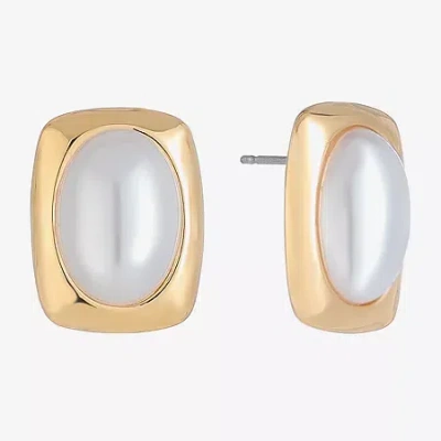 Liz Claiborne Gold Tone Simulated Pearl 18mm Rectangular Stud Earrings In White