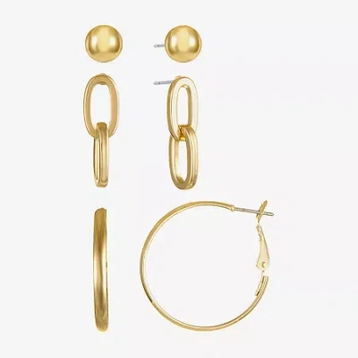 Liz Claiborne Gold Tone; Stud; Drop And Hoop Womens Hypoallergenic 3 Pair Earring Set