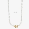 Liz Claiborne Gold Tone Toggle Collar Necklace & Stud Earring Womens Simulated Pearl 2-pc. Jewelry Set In Neutral