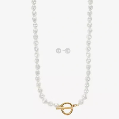 Liz Claiborne Gold Tone Toggle Collar Necklace & Stud Earring Womens Simulated Pearl 2-pc. Jewelry Set In Neutral