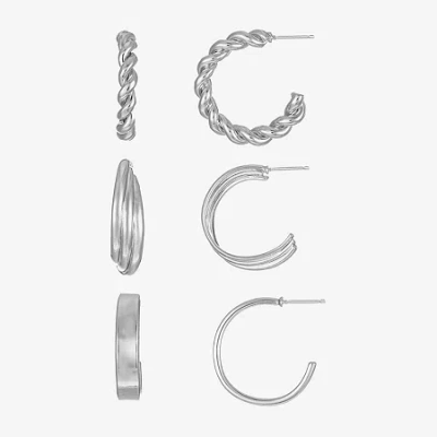 Liz Claiborne Hoop Twisted Womens Hypoallergenic 3 Pair Earring Set In Metallic