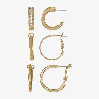 Liz Claiborne Huggie Hoop Womens Glass Hypoallergenic 3 Pair Earring Set In Gold