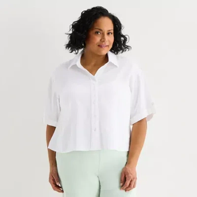 Liz Claiborne Linen Womens Plus Short Sleeve Blouse In White