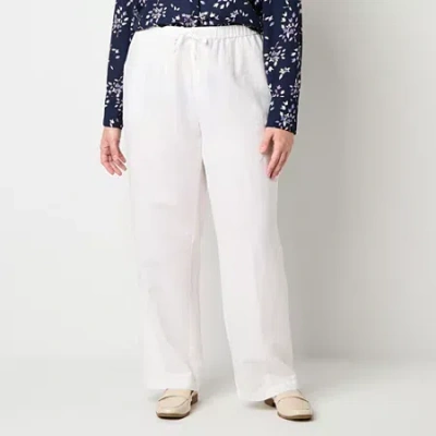 Liz Claiborne Linen Womens Plus Wide Leg Mid Rise Drawstring Pant In White