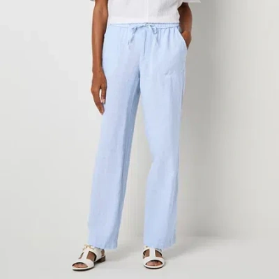 Liz Claiborne Linen Womens Tall Wide Leg Mid Rise Drawstring Pant In Blue