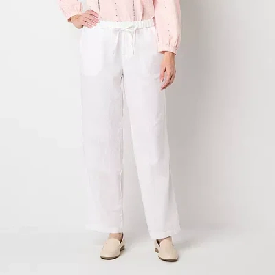 Liz Claiborne Linen Womens Tall Wide Leg Mid Rise Drawstring Pant In White