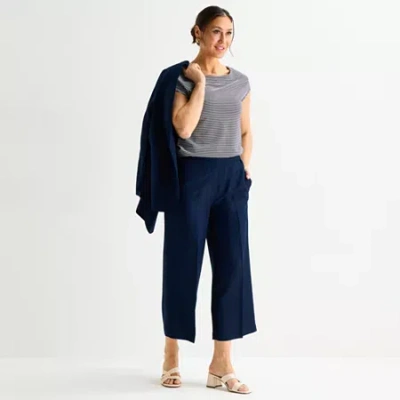 Liz Claiborne Linen Womens Wide Leg Mid Rise Cropped Pant In Blue