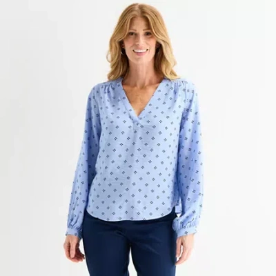 Liz Claiborne Petite Womens V Neck 3/4 Sleeve Tunic Top In Blue
