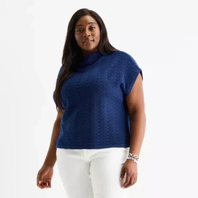 Liz Claiborne Plus Womens Cowl Neck Short Sleeve Pullover Sweater In Blue
