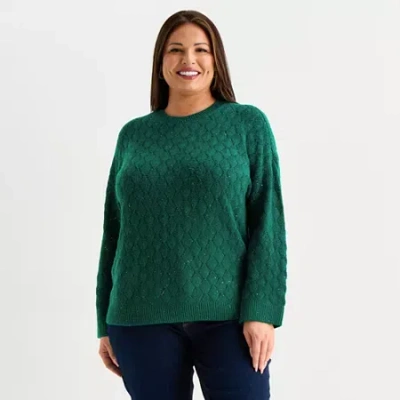 Liz Claiborne Plus Womens Crew Neck 3/4 Sleeve Pullover Sweater In Green