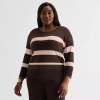 Liz Claiborne Plus Womens Crew Neck 3/4 Sleeve Striped Pullover Sweater In Brown