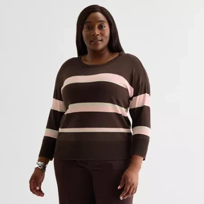 Liz Claiborne Plus Womens Crew Neck 3/4 Sleeve Striped Pullover Sweater In Brown