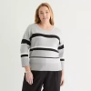 Liz Claiborne Plus Womens Crew Neck 3/4 Sleeve Striped Pullover Sweater In Gray