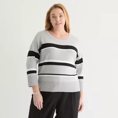 Liz Claiborne Plus Womens Crew Neck 3/4 Sleeve Striped Pullover Sweater In Gray