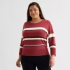 Liz Claiborne Plus Womens Crew Neck 3/4 Sleeve Striped Pullover Sweater In Red