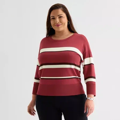 Liz Claiborne Plus Womens Crew Neck 3/4 Sleeve Striped Pullover Sweater In Red