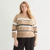 Liz Claiborne Plus Womens Crew Neck 3/4 Sleeve Striped Pullover Sweater In Brown