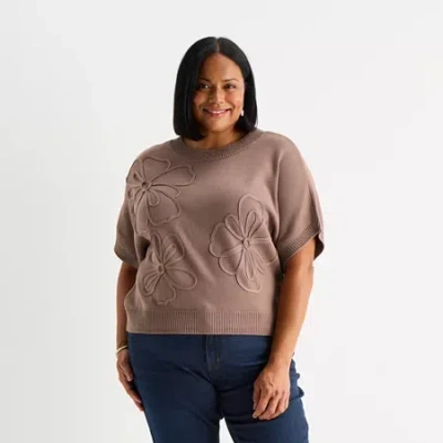 Liz Claiborne Plus Womens Crew Neck Elbow Sleeve Pullover Sweater In Brown