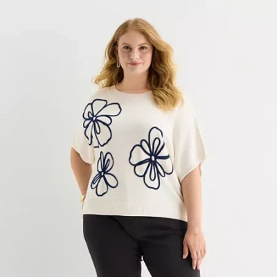 Liz Claiborne Plus Womens Crew Neck Elbow Sleeve Pullover Sweater In White