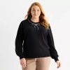 Liz Claiborne Plus Womens Crew Neck Embellished Long Sleeve Pullover Sweater In Black