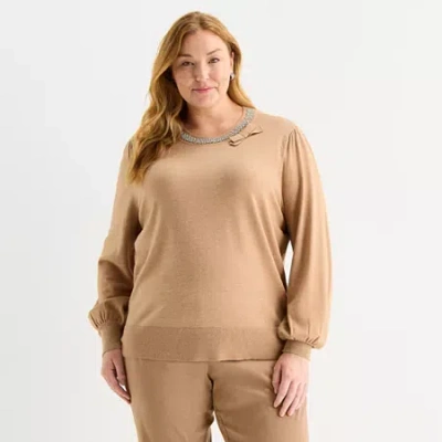 Liz Claiborne Plus Womens Crew Neck Embellished Long Sleeve Pullover Sweater In Brown