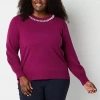 Liz Claiborne Plus Womens Crew Neck Embellished Long Sleeve Pullover Sweater In Pink