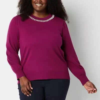 Liz Claiborne Plus Womens Crew Neck Embellished Long Sleeve Pullover Sweater In Pink