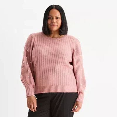 Liz Claiborne Plus Womens Crew Neck Embellished Long Sleeve Pullover Sweater In Pink
