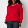 Liz Claiborne Plus Womens Crew Neck Embellished Long Sleeve Pullover Sweater In Red