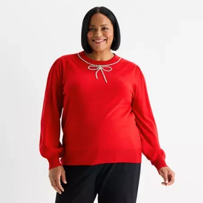 Liz Claiborne Plus Womens Crew Neck Embellished Long Sleeve Pullover Sweater In Red