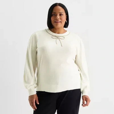 Liz Claiborne Plus Womens Crew Neck Embellished Long Sleeve Pullover Sweater In Sand