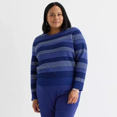 Liz Claiborne Plus Womens Crew Neck Long Sleeve Pullover Sweater In Blue