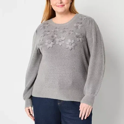 Liz Claiborne Plus Womens Crew Neck Long Sleeve Pullover Sweater In Gray