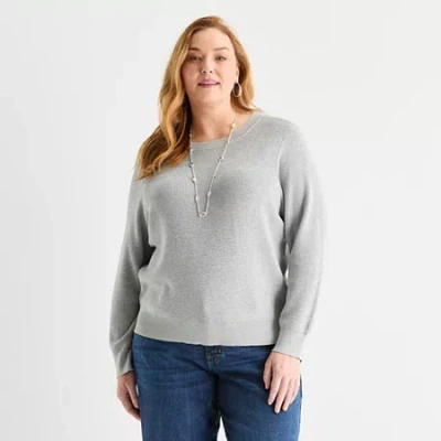 Liz Claiborne Plus Womens Crew Neck Long Sleeve Pullover Sweater In Gray