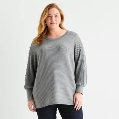 Liz Claiborne Plus Womens Crew Neck Long Sleeve Pullover Sweater In Gray