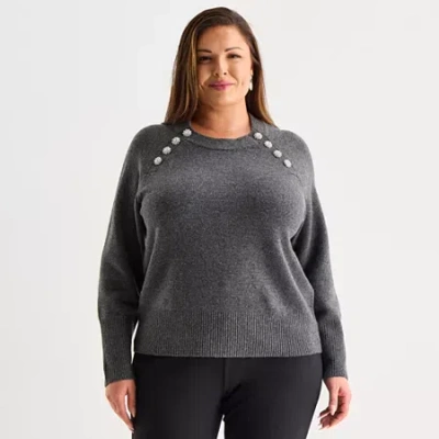 Liz Claiborne Plus Womens Crew Neck Long Sleeve Pullover Sweater In Gray