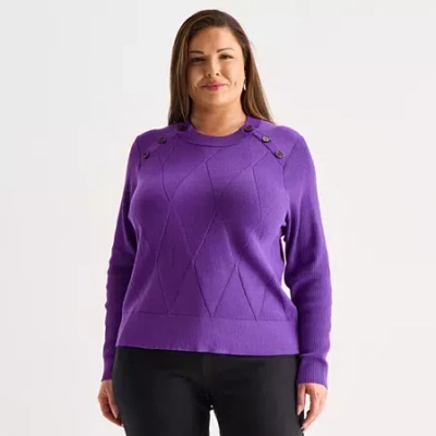Liz Claiborne Plus Womens Crew Neck Long Sleeve Pullover Sweater In Purple