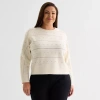 Liz Claiborne Plus Womens Crew Neck Long Sleeve Pullover Sweater In White