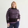 Liz Claiborne Plus Womens Crew Neck Long Sleeve Striped Pullover Sweater In Black
